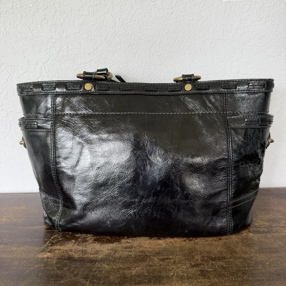 Coach Gallery Laced East West tote bag in black patent Leather Brass Hardware.